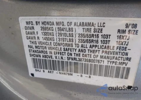 2009 Honda Odyssey Ex-L z USA, uszkodzony, nr VIN 5FNRL38739B007671